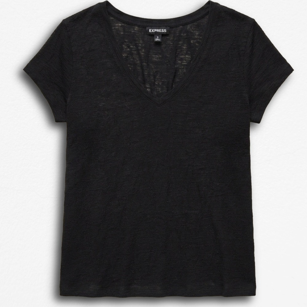 Express‎ Womens Black V-Neck Short Sleeve Slub Knit T-Shirt Size M
